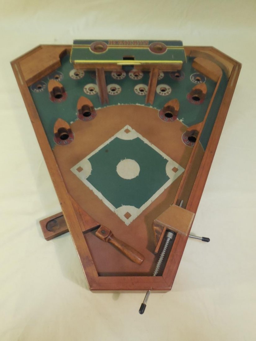 Reproduction of a Vintage Baseball Pinball Game: Reproduction of a vintage baseball pinball game, " Homerun". 26 1/4" W x 24 1/4" H x 3 1/2" D. In good condition. Missing balls.