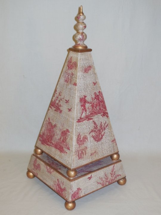 Contemporary French Country Decorative Toile Obelisk w/: Decorative toile obelisk / pyramid with finial. 11" W x 11" D x 25 3/4" H. Very good condition