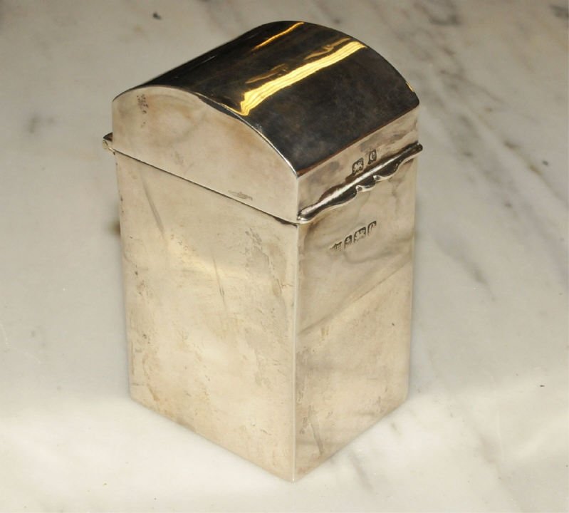Marked Edwardian Sterling Domed Playing Card Box: Hallmarked Edwardian sterling silver miniature playing card double-deck caddy with hinged, domed top and five stamped hallmarks. Two card decks inside are about half the size of a regular deck and sti