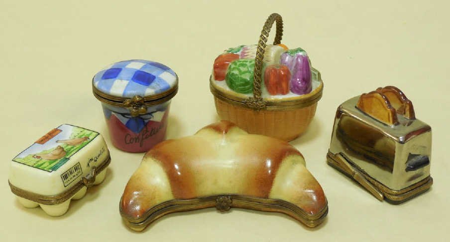 Lot of 5 Vintage Limoges Boxes Breakfast Items: Lot of 5 Vintage hand painted Limoges boxes. Various breakfast items and a vegetable basket. Toaster, croissant, confiture (jam) jar, egg carton with eggs inside, (one egg has come