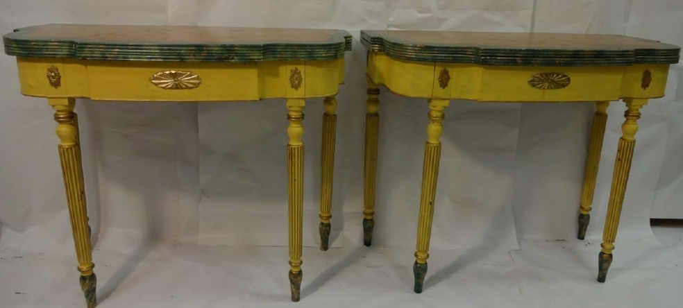 A Pair of Flip-Top Painted Console Tables: A pair of flip top console tables. Closed top faux-painted peach marble with green outer banding. Open top sponged green and marble faux paint. Fluted legs with one gate leg. 36" W x 18 1/2" D x 29 7/