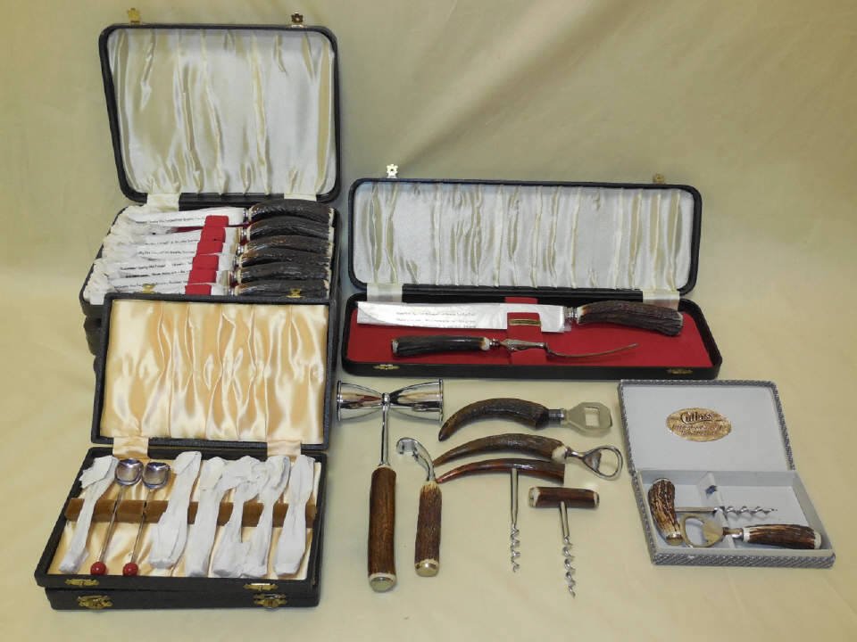 Collection of Stag Horn Handle Bar Accessories: Lot of various bar ware accessories. Genuine stag horn. Made in England. Corks screws, steak knives,bottle openers, drink stirrers, shot ounce measure, large carving fork and knife. Most items "newly"