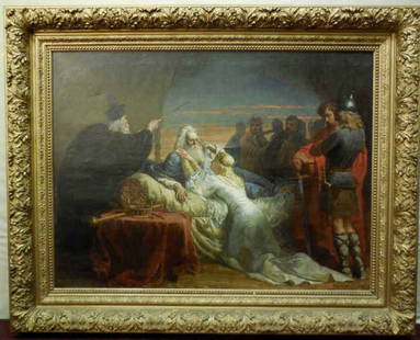 Edward May Large Allegorical Oil Painting: Original oil painting by Edward Harrison May, (1824-1887) signed. Painting depicts an allegorical scene of a dying king. Very ornate carved frame. Bottom right signed, May France. 39" H x 52" W. Paint