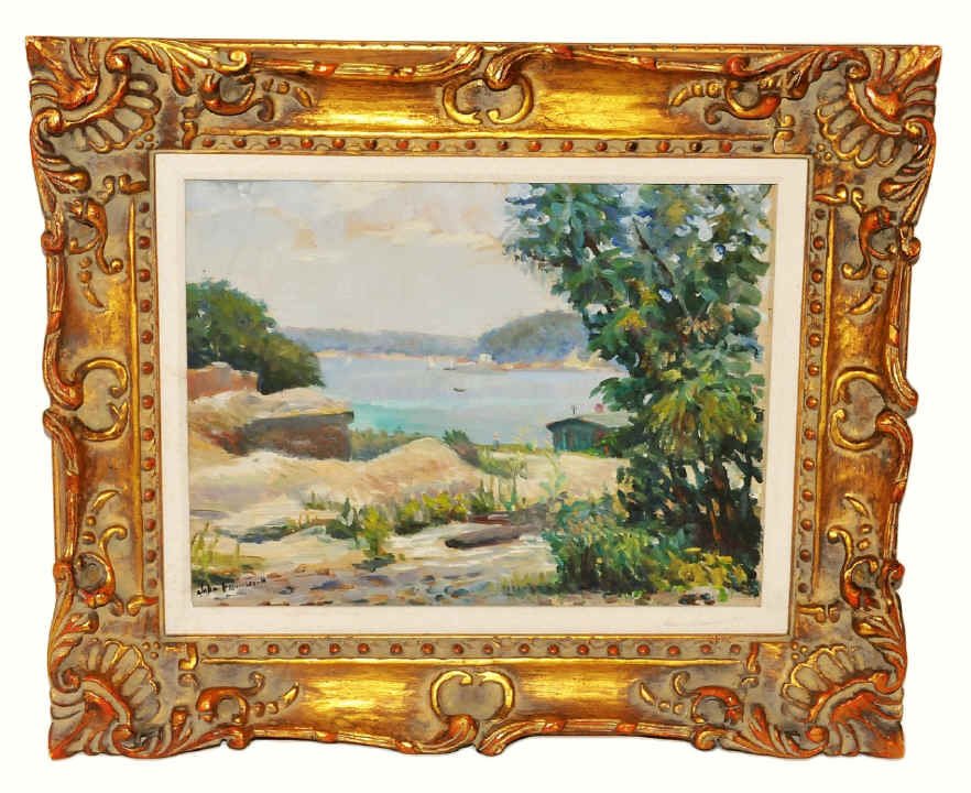 Signed Framed Oil on Canvas by FOLINSBEE 11 x 15: Signed lower left "John Folinsbee" impressionist oil on canvas in lovely gilt and paint decorated carved wood frame. Image measures approximately 11" high by 15" wide inside framing and is in very goo
