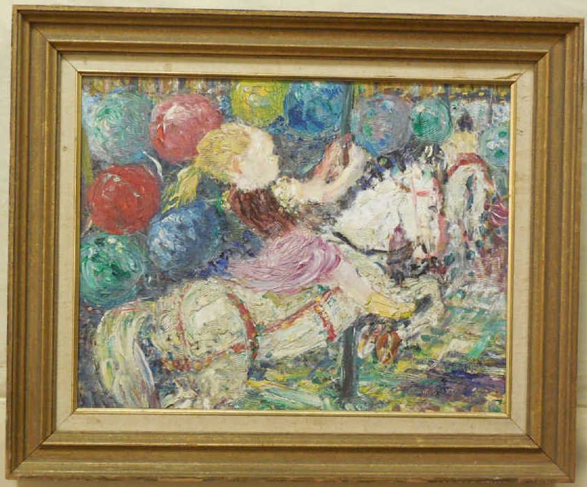Impressionist Painting Girl on Carousel Frank Boyd: Impressionist acrylic on canvas painting of a girl on a carousel. Many balloons surround her. Signed by the artist, Frank Boyd. 17 1/2" W x 13 1/2" H. In very good condition.