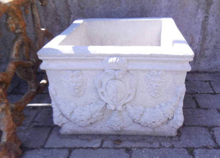 Antique Neo Classical Style Garden Pot: Antique Neo-Classical style garden pot. Ideal for topiary or mixed annual arrangement. Measures 12 inches in height, 15 by 15 length and width.