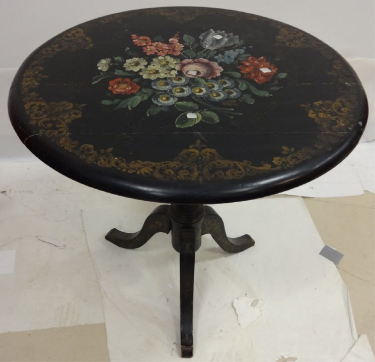 Antique Hand Painted Tilt-Top Table: Antique hand painted tilt-top table. 26 1/2" diameter x 26" H, very good used condition.