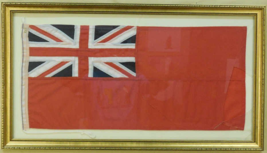 Banner Flag w/ Union Jack British Flag in Corner: Vintage red banner flag with Union Jack / British Flag in Corner. Framed. 13 1/4" H x 28 3/4" W. In good condition. But glass is broken.