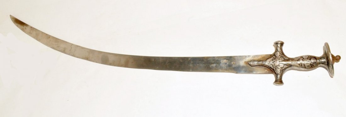 Antique Inscribed 19c Persian Shamshir Tulwar: Antique Persian Shamshir Tulwar or style of sword from the 19th century, with engraved Arabic writing and an animal on one side of the blade. Made of steel and/or iron with an ornate floral decoration