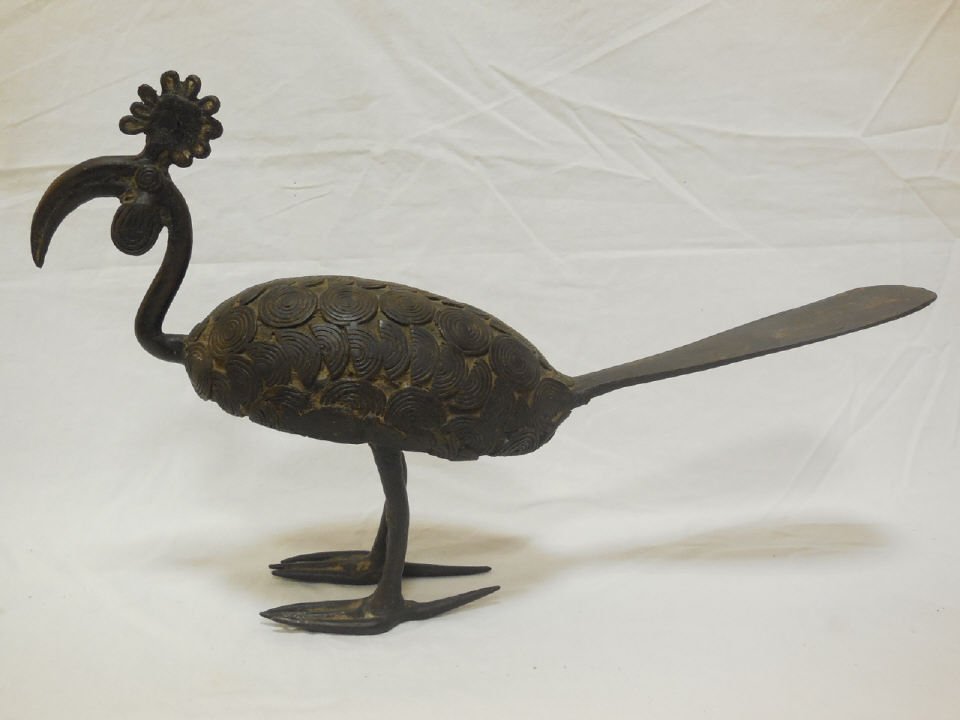 Nigerian Benin Bronze Bird Sculpture w/ Crown: Antique Nigerian Benin bronze bird sculpture with crown. 4" W x 16" long x 9 3/4" H. In very good original antique condition. Shipping available within the continental USA, excludes insurance - $60.