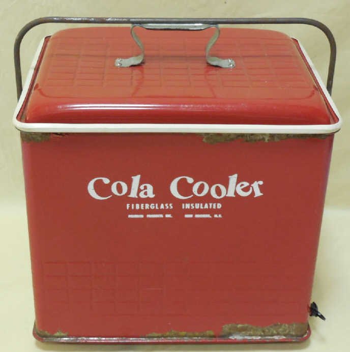 Large Vintage Coca-Cola "Cola Cooler": Large vintage Coca-Cola insulated cooler in classic red, reading "Cola-Cooler" across the front. Great decorator piece. Measures 16 inches in height, 16 inches in width and 12 in depth.