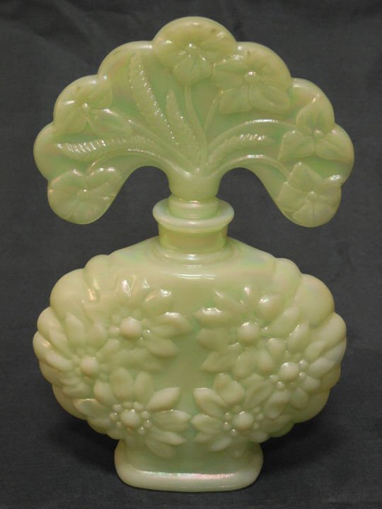 Antique American Fenton Art Glass Perfume Bottle: Antique American Fenton art glass perfume bottle. Art Deco floral motif. Measures 6 inches in height. Shipping available within the continental USA, excludes insurance - $30.