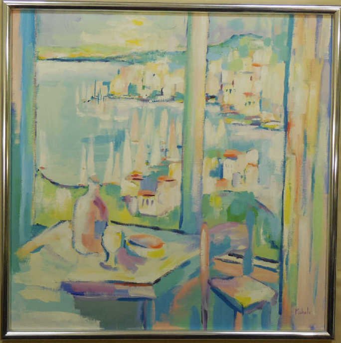 Abstract Acrylic on Canvas Harbor Scene, Signed: An abstract harbor scene, acrylic on canvas, signed lower right by Michaels. 36"H x 36" W. Very good condition.