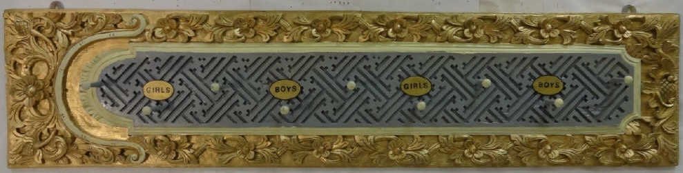 Vintage Gold Leaf Decorated Boys & Girls Coat Rack: Vintage coat rack labeled "Boys" and "Girls," hand-painted in grey and gold. 16" H x 70" W, very good used condition.