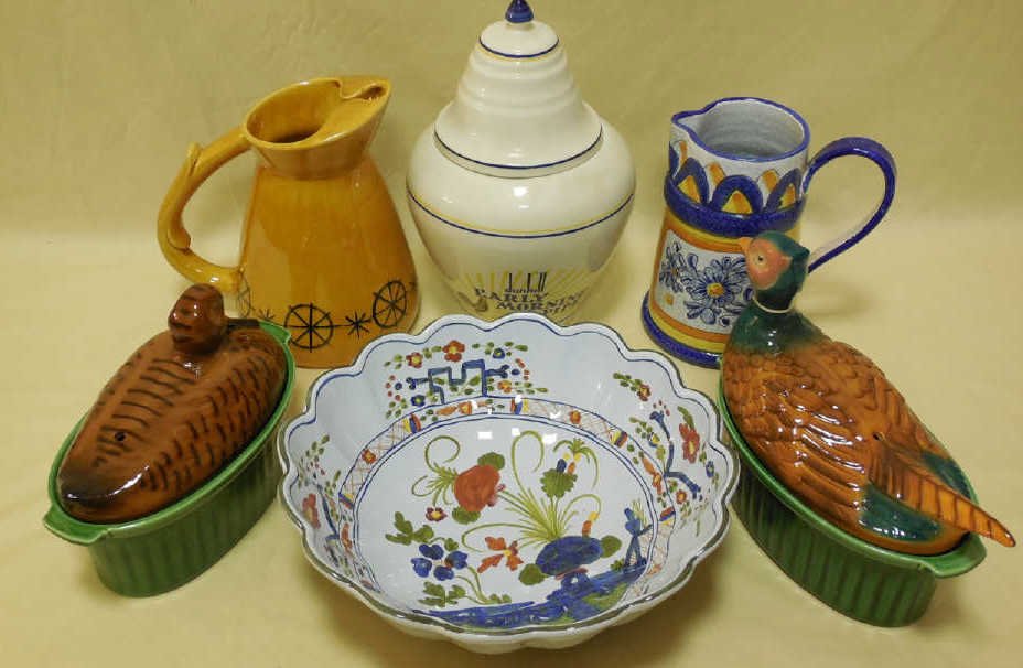 Lot of Various Kitchen Pottery / Porcelain Items: Lot of various kitchen pottery / porcelain items. Including 2 Tureens with duck lids, (France), a Faience bowl and pitcher, (Italy), a Dunhill canister with lid and an ochre