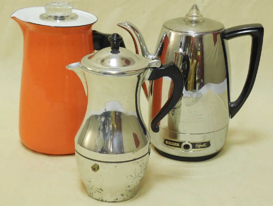 Lot of 3 Vintage Percolators: Lot of three vintage percolators. Universal Coffeematic, USA, Anphore Express, Italy. Largest 9" W x 4 3/4" D x 9 1/4" H. Good vintage condition.