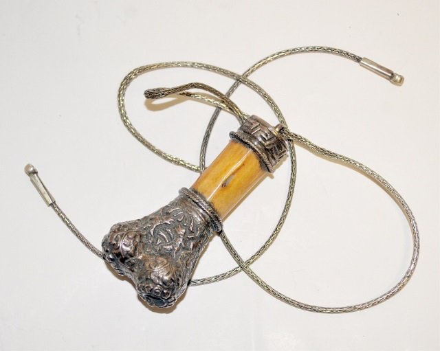 Antique Silver & Bone Amulet on Chain: Unusual & unique crafted antique amulet or pendant made from animal bone, with silver or similar hammered patterned overlay. Pendant is attached to a 12" chain and the pendant measures 3" long by 1.25