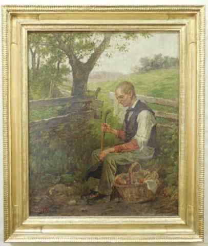 Louis Eugene Lambert Oil Painting on Canvas: Louis Eugene Lambert (1825-1900) oil on canvas of a man in the countryside. Signed by the artist lower left. Hand carved gold leaf frame from Newcomb Macklin. 19" W x 24" H. In Excellent condition.
