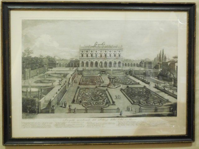 Antique Italian Giovanni Volpato Palazzo Engraving: The Exterior and Gardens of the Palazzo della Villa Albani, Rome.Engraving by Giovanni Volpato after original by Francesco Panini. Professionally framed and matted.