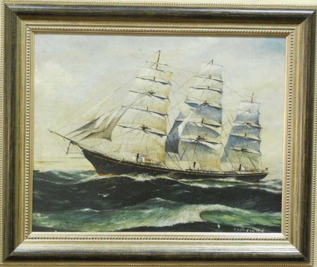 Captain Bayard Foulke Marine Schooner Painting: Oil on panel of a ship at sea signed by the artist, Captain Bayard Foulke (1880-1961). 19" W x 15" H. In very good condition.