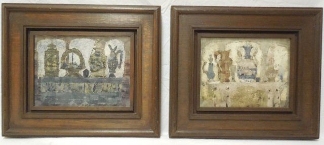 Pair Enrique Climent Batik Framed Works: Pair of framed batik works by Mexican artist Enrique Climent. Dated on verso 1971. Original gallery labels on back with name, title, date, medium, etc. Professionally framed and mounted.