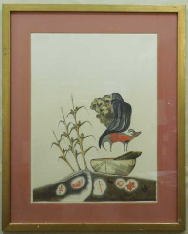 Charles Lovato Abstract Native American Lithograph: Charles Lovato abstract lithograph of Native Americans and corn. New Mexican artist. Signed by the artist lower left. 22 1/2" W x 30" H. In excellent condition.