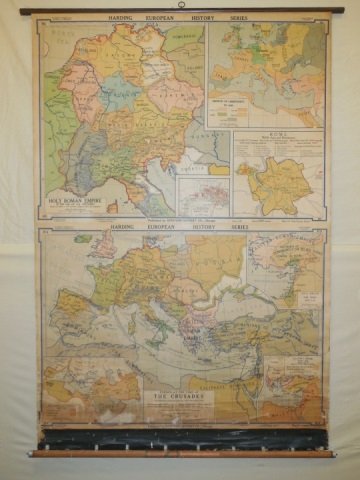 Vintage Denoyer Geppert Pull Down Map of Europe: Vintage Denoyer-Geppert & Company scroll map. Harding European history series. Holy Roman Empire and The Crusades. Dated 1936. 43" W x 64" H. In good condition considering its age. A few small tears a