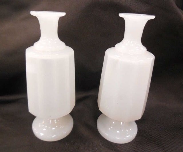 Pair Antique French Opaline Glass Vases: Pair antique French opaline glass bud vases. Each blown glass with pontil marks. Faceted bodies with fluted necks and bases. Overall nice condition with a few flea bites. Measuring 7.5 inches in heigh