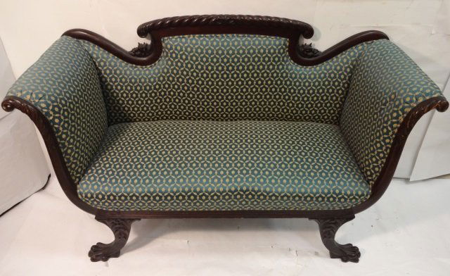 Duncan Phyfe Mahogany Frame Settee Sofa: Victorian mahogany and blue fabric sofa. 55 3/4" W x 21 1/2" D x 36 1/4" H, very good antique condition.