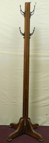 Antique Mahogany Hall Tree Coat Rack: Vintage mahogany hall tree, coat rack with eight painted metal hooks. 23" diameter x 68" H. In good condition.
