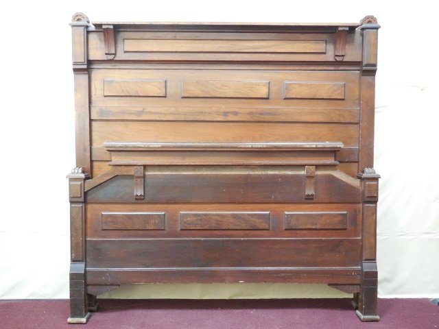 Antique Carved Mahogany Headboard & Footboard: Antique carved mahogany headboard and footboard. 58 1/2" W x 58" H., footboard is 34 1/2" H. Good condition. Needs some refinishing.