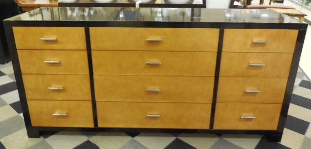 Mid Century Modern Style John Widdicomb Dresser: A John Widdicomb dresser with black gloss finish. 74" W x 22" D x 35" H. Good condition with some scratches on top.