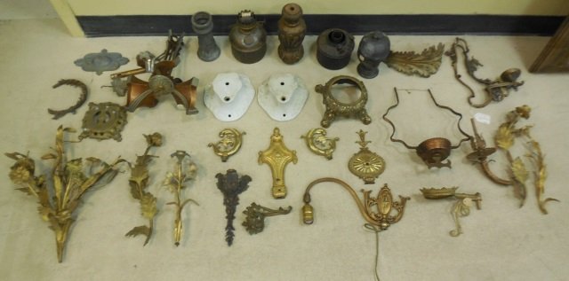 Lot of Antique Chandelier & Lighting Components: Lot of antique chandelier and lighting components. Victorian, Art Deco and various Revival styles. Mainly in bronze and various gilt metals. Great for architectural salvage, restoration work or repurp