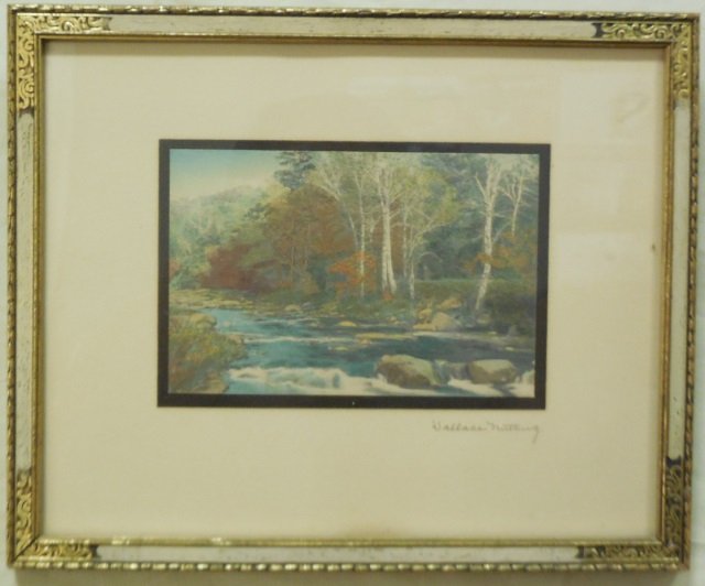 Hand Colored Landscape Signed Wallace Nutting: Handcolored photograph landscape signed by he artist, Wallace Nutting on the mat. Also initialed on painting. Nutting lived in Massachusetts and Rhode Island, 1861-1941. 6" W x 3 3/4" H. In very good