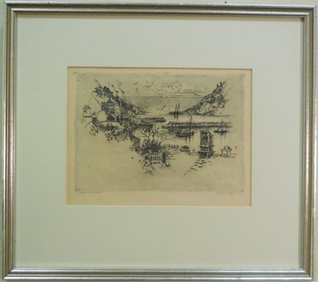 Etching of a Harbor Signed Edward Ertz: An etching by Edward Ertz of a harbor scene, signed lower right corner and titled lower left corner. 6 1/4" H x 8 1/2" W. Very good condition.