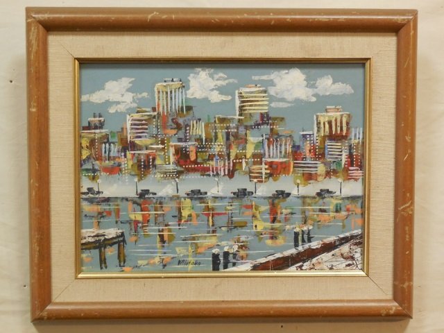 Oil Painting of a City Scene Signed Villafana: Oil painting of a city scene with river signed by the artist, Villafana. Leo Villafana a 20th century American artist. 11 1/2" W x 8 1/2" H. In very good condition.