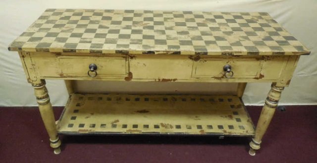 Contemporary Custom Made French Country Farm Table: Country hand painted console table with a rustic painted checkerboard top. Two drawers. Shelf stretcher. Great as console, kitchen peninsula or island. Measures 63 1/2" x 24" D x 36" H. In very good r