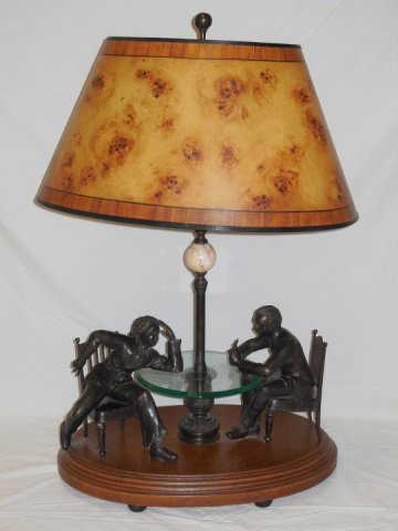 Vintage Bronze Sculpture Lamp 2 Men Playing Cards