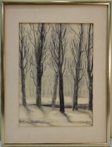 Charcoal Landscape Drawing by Chinni: A charcoal landscape drawing of tree trunks by Chinni. 12" H x 8 1/2" W. Excellent condition.