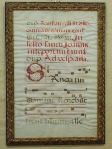 15th Century Latin Script Gregorian Chant Page: Original Gregorian chant page in the Latin script alphabet. Handpainted watercolor on sheepskin parchment. Dates circa 15th century. 13 1/2"W x 20 1/2" H. In excellent antique condition.