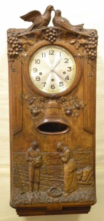 Antique Westminster Clock - Millet L'Angelus Scene: Antique carved wood clock with intricately detailed scene after Jean Francois Millet's famous painting, "L'Angelus." Clock by Angelus Westminster - Cloches de France. Plaque on bottom reads, "L'Angelu