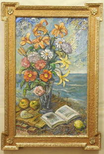 David Burliuk Oil on Canvas Still Life Signed: David Burliuk oil on canvas still life with flowers, fruits and an open book. Signed by the artist, lower right corner. Burliuk (1882-1967) was known as the father of Russian futurism. He was born in