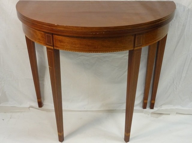 Antique Demi Lune Extendable Dining Table: Extendable demilune mahogany occasional / dining / console table. 35 3/4" W x 18 1/4" D x 30 1/4" demilune, 35 3/4" diameter x 29 1/4" H extended. Very good antique condition.