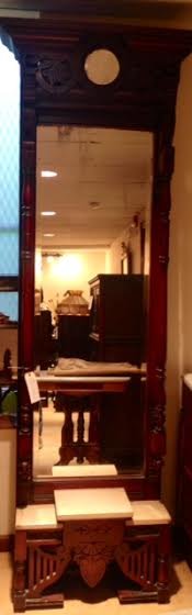 Antique American Victorian Pier Mirror Hall Stand: Antique American Victorian pier mirror / hall stand. Having a full length mirrored back, pediment top, pillars at each side and a marble shelf.