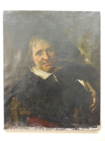 17th C Dutch Old Master Portrait After Frans Hals: School of 17th century Dutch old master portrait of man. In the style of Frans Hals. Unsigned oil on canvas. Unframed. 25 1/2" W x 31" H. In good condition.