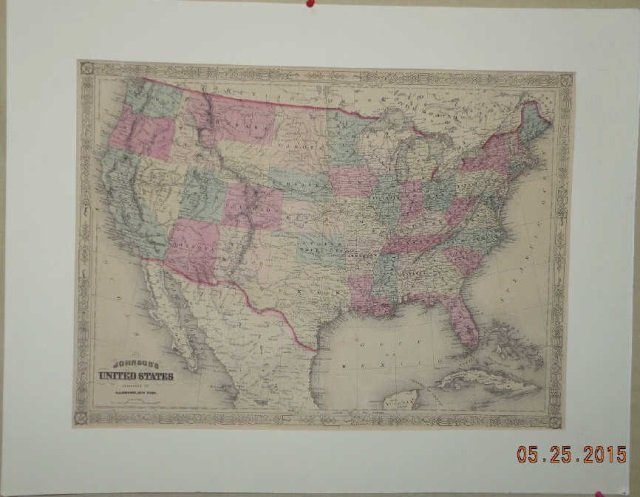 Lithograph Map of the USA By A J Johnson, New York: A lithographic map of the United States by A. J. Johnson, New York. 17 1/2" H x 24" W. Good condition.