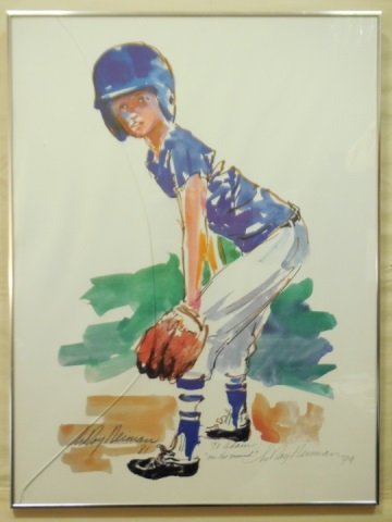 Signed Leroy Neiman Print Boy Playing Baseball: Leroy Neiman mechanical print of a boy playing baseball. Watercolor dated 1981. But hand pencil signed in 1994 by Leroy Neiman. To Adam, "On the Mound". 24" W x 32" H. In very good condition, except f