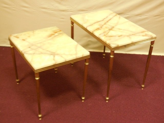 Mid Century Marble & Brass Nesting Tables: Two Marble and brass nesting tables. Brass fluted tapered legs. Large: 20" W x 12 1/2" D x 16" H. Small: 16" W x 12 1/2" D x 14" H. In very good condition.