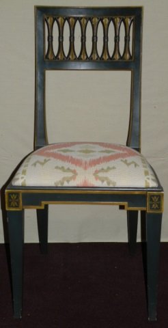 Green Painted Side Hall Chair w/ Upholstered Seat: Green painted side hall chair with upholstered seat. Gold painted detail. Tight seat upholstered in beige, pink and green flame stitch fabric. Very good condition. A couple of small chips of the green