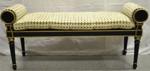 Upholstered Rolled Arm Regency Style Bench: Upholstered rolled arm bench. Black painted with gold detail. Cut velvet fabric with velvet button tufting on seat. 50" W x 16" D x 22" H. In excellent condition.
